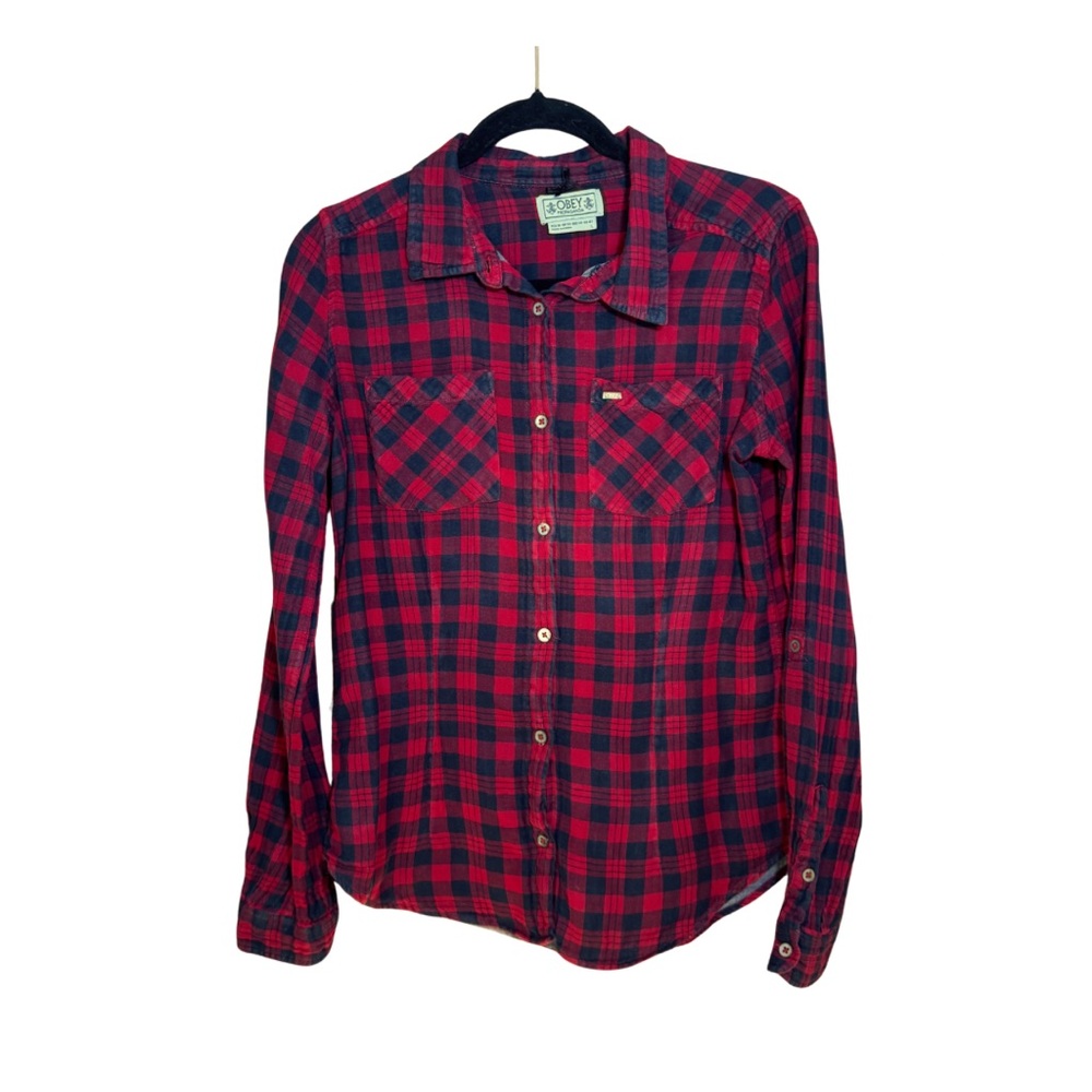 Obey Plaid Button Down Shirt Red Black Fitted Cotton Women’s Large - Picture 4 of 6